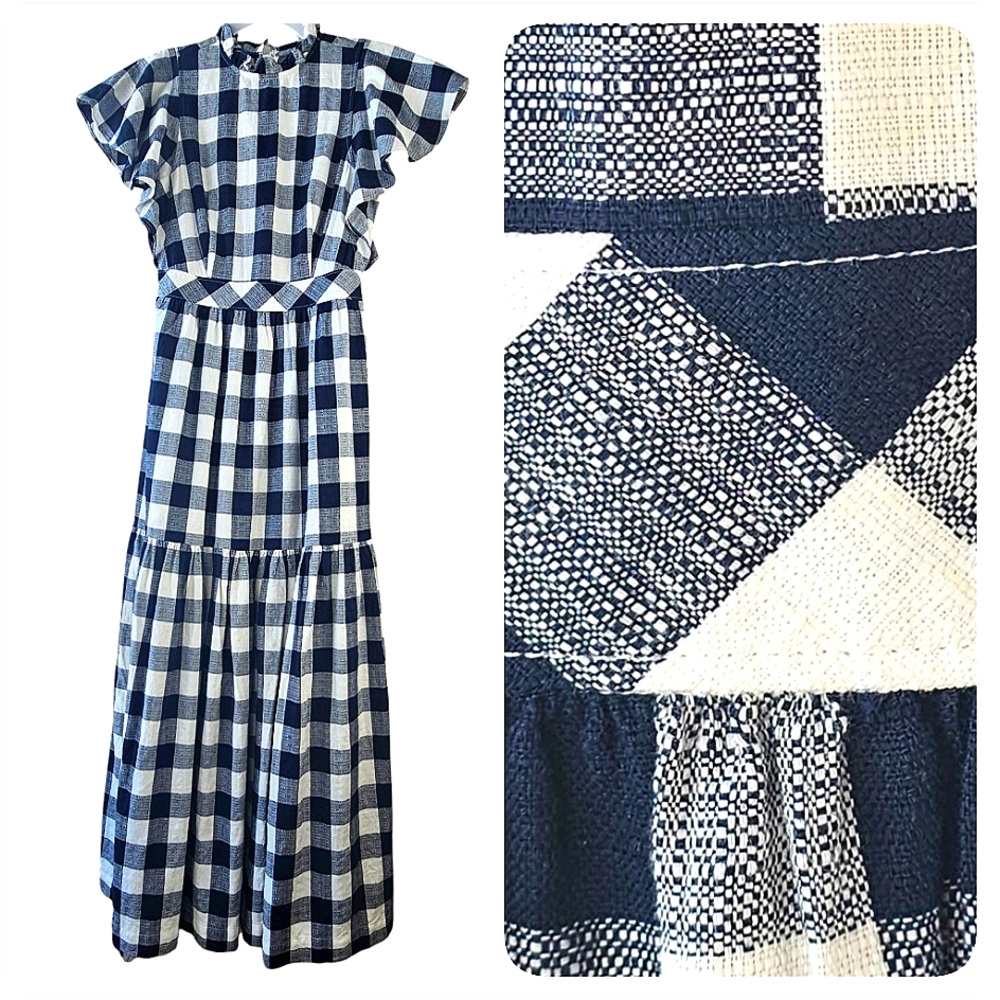 EXPRESS X LADYGANG Blue & White Woven Cotton Gingham Maxi Dress Size 0